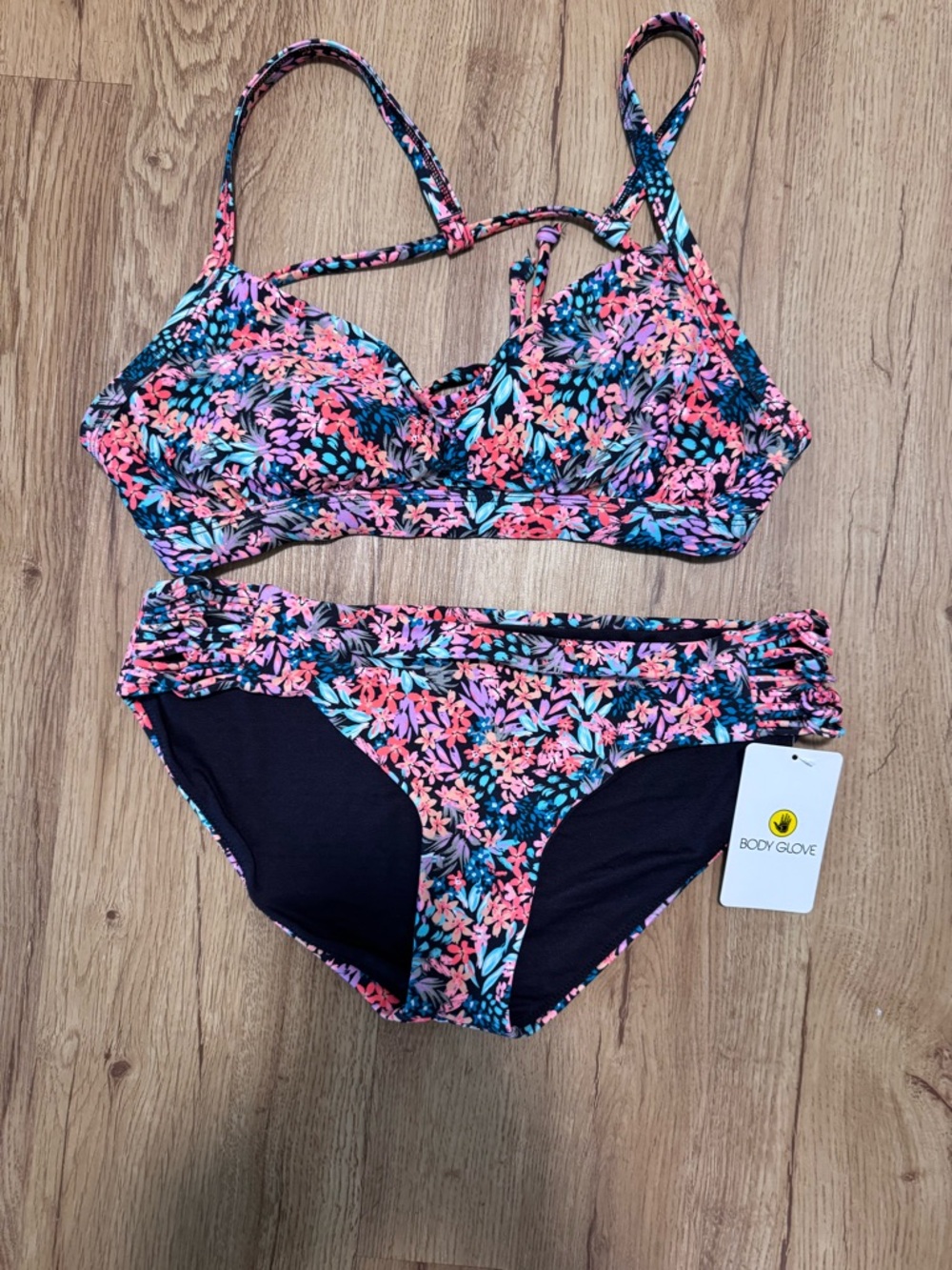 Body Glove Black Bikini Set with Coral, Pink & Teal Floral Print
